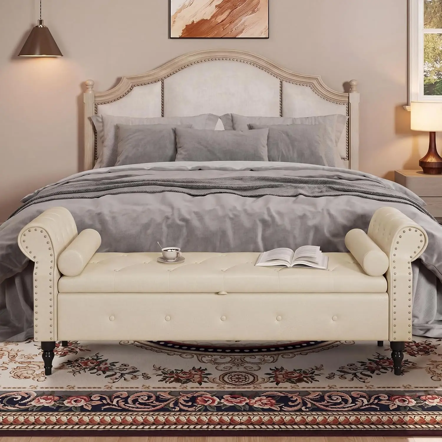 [Summergarden] Vabches 65" End of Bed Storage Bedroom Bench with Storage,Faux Leather Storage Ottoman Bench with Rolled Arms and Nailhead Trim for King Size End of Bed,Entryway,Living Room,Cream