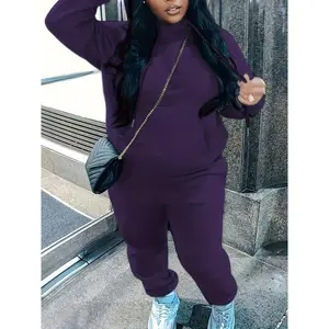 Plus Size sporty Outfits Set, Women's Plus Solid Long Sleeve Drawstring Pocketed Hoodie & Joggers Outfits Two Piece Set