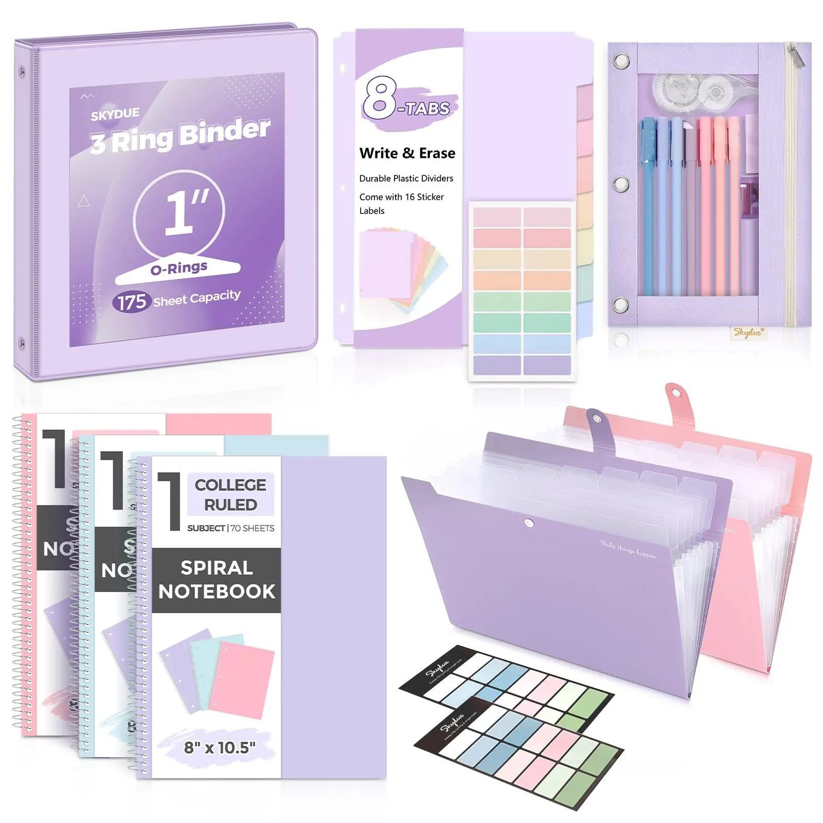 SKYDUE Aesthetic Pink School Supplies Set - 1" Binder, 2 File Folders, 3 Notebooks, 8 Dividers, Pencil Pouch - Classroom, College Stationery Supplies for Back to School Shopping Essentials