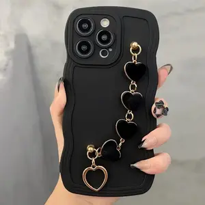 Heart Charm Phone Case with Chain, Full Body Shockproof Phone Protective Cover Protector, Fashion Phone Accessories Compatible with iPhone 11 12 13 14 15 Pro Max, Casing, Black, Cellphone, Smartphone, Protection, Shockproof Cellphone Accessory