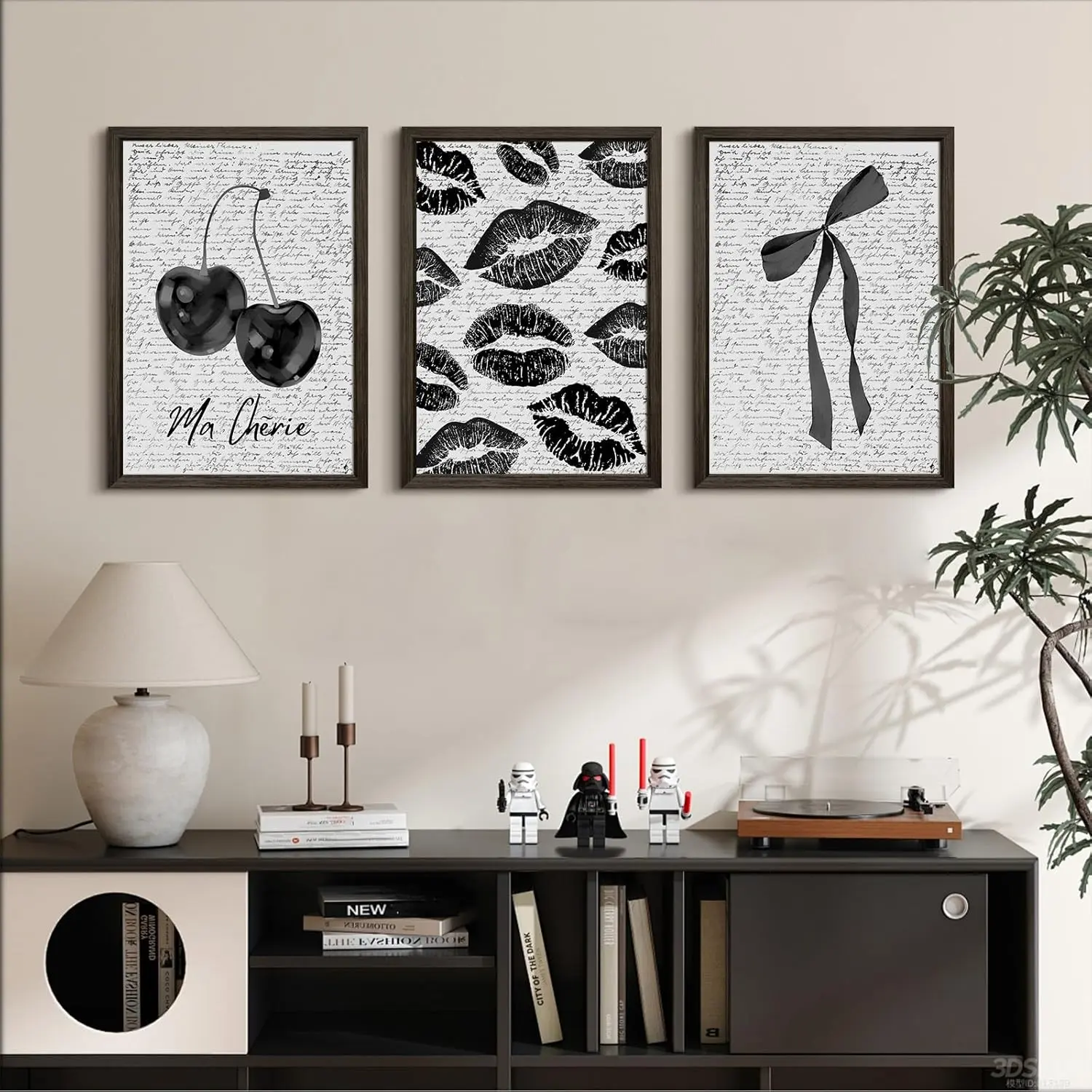 3pcs/set Frameless Black and white minimalist design decoration, elegant frameless canvas poster with sexy lips and retro cherry, Vintage Wall Art Room Decor