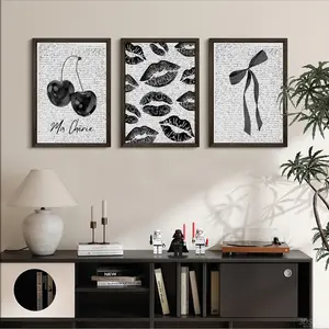 3pcs/set Frameless Black and white minimalist design decoration, elegant frameless canvas poster with sexy lips and retro cherry, Vintage Room Decor