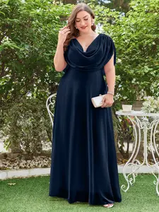 Plus Size Women's Elegant Deep V Neck Waist Cinched Backless Loose Hem Bridesmaid Dress, Maxi Fitted Short Sleeve Drape Plain Design Womenswear Lady