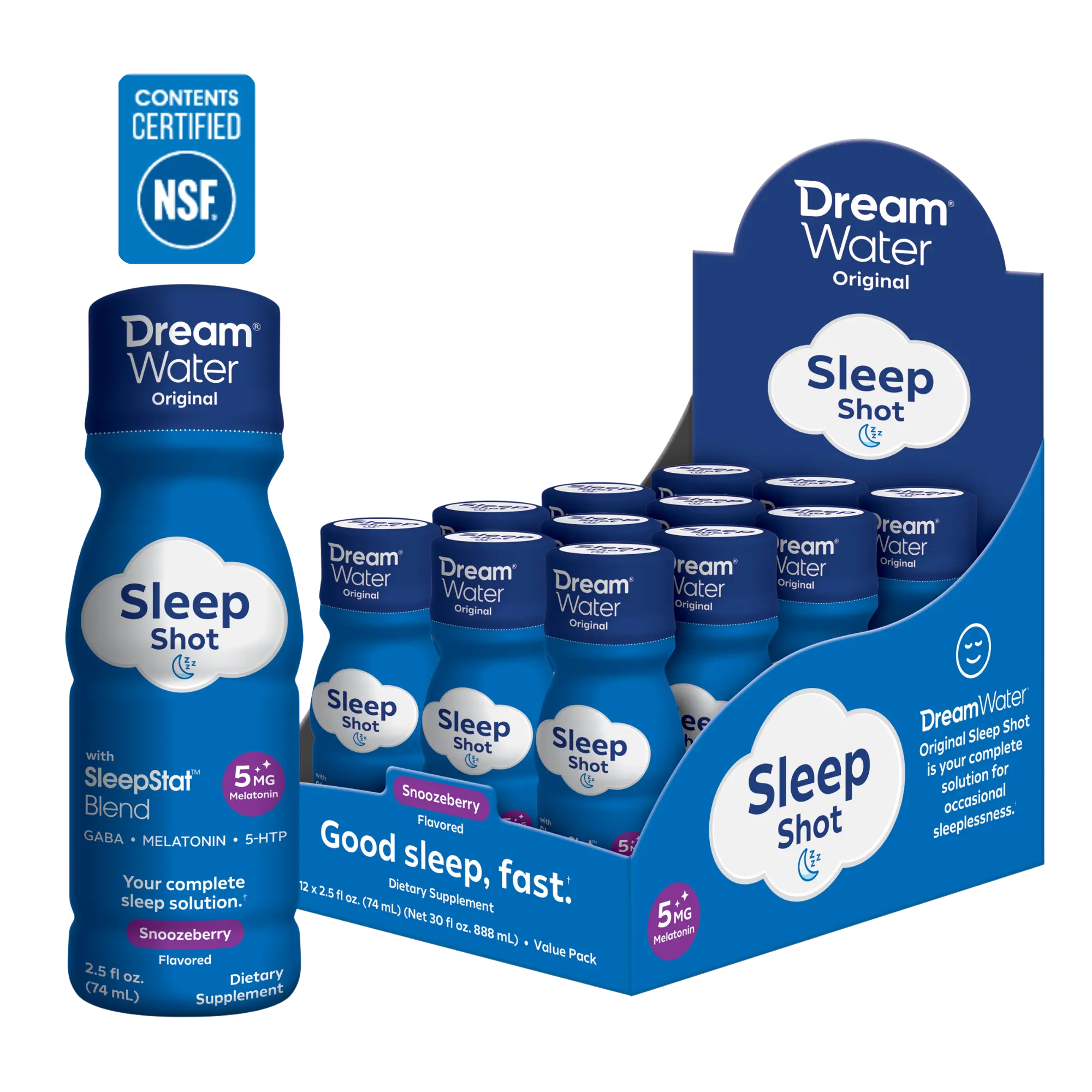 Dream Water Original Sleep Shot, 5mg Melatonin with GABA & 5-HTP SleepStat Blend, Ready-to-Drink Liquid Sleep Aid for Adults, No Sugar, No Calories, Natural Snoozeberry Flavor, 2.5 fl oz, 12 Count