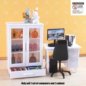 Realistic Computer Room Furniture Toy Set, Miniature Model with Desktop PC, Keyboard, Mouse, Desk, Chair, Books, Bookshelf, Ideal Gift for Kids, Role Play Set, Kit Doll Desk