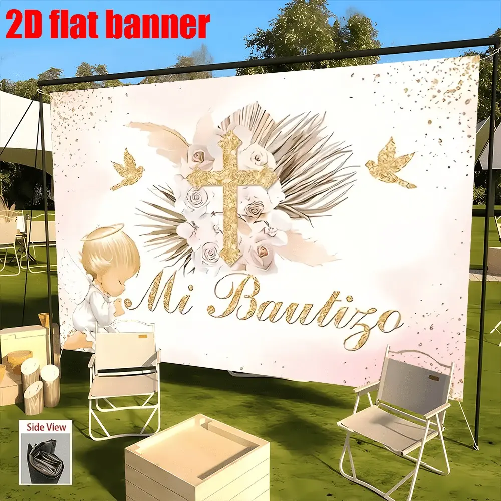 Baptism Party Banner, Polyester Fabric, Cross, Flowers, Angel Design, First Communion Decor, Baby Shower, Birthday, Wedding, Birthday Party Decorations, Decorative Banner