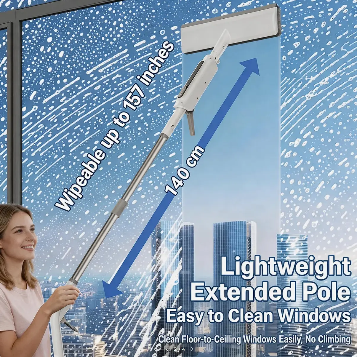3-in-1 Window Cleaning Tool with Built-in Spray, Squeegee, and Glass Scrubber—Silicone Scraper, and Water Spray Wand, Ergonomic, Easy-Grip Handle, 140 cm Extendable Pole - Cleaning Equipment for Home, Bathroom, and Car