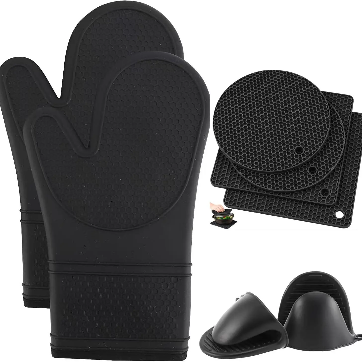 Silicone Baking Set, 8 Counts/set Including 2 Counts Oven Mitts & 2 Counts Clip Gloves & 4 Counts Multifunctional Pot Holder, Kitchen Baking Accessories, Bakeware Kitchenware Home