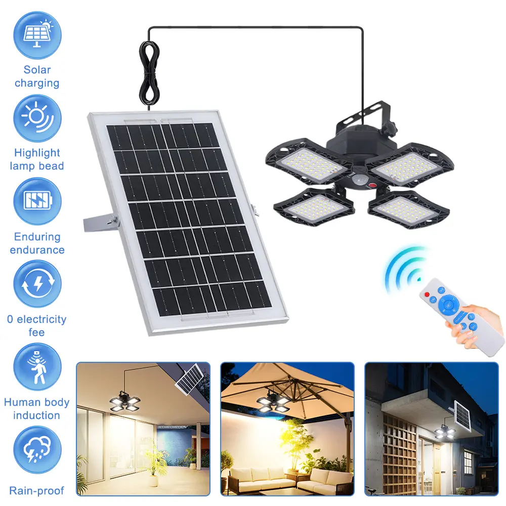 Adjustable Solar Pendant Shed Light, 120° Rotatable Motion Sensor Solar Lamp with 5 Lighting Modes & Remote Control, Indoor Outdoor Light for Garage Yard Home
