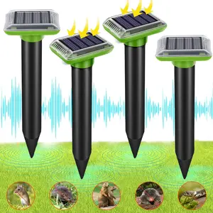 Solar-powered waterproof ultrasonic rodent repellent device for outdoor use, suitable for mice, squirrels, skunks, and animals in lawns, gardens, and courtyards.