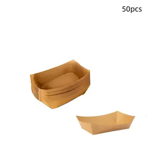 50pcs Disposable Kraft Paper Boat Box, Thickened Long Rectangle Camping, Chicken Rice, French Fries, Hot Dogs Packaging