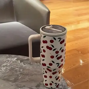 1pc 40oz stainless steel cherry pattern thermos Vacuum Insulated Tumbler with handle, lid and straw, keeps water hot for 12 hours and cold for 24 hours, leak-proof design, suitable for commuting, outdoor travel, creative gifts