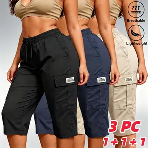 3PC Summer Women's Cargo Capri Pants Elastic Drawstring Flap Pocket Design Solid Color Loose Fit Daily Street Casual Wear Women's Clothing