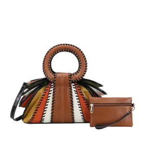 Colorblock Statement Handbag – PU Leather Ring Handle Tote with Matching Wristlet