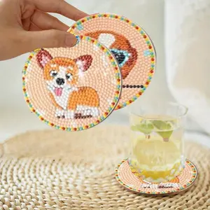 8PCS Cute Dog Diamond Art Coaster Set with Holder - Colorful Beaded DIY Craft Kit for Adults,Includes Acrylic Coasters with Cartoon Dog Designs and Metal Spiral Stand,Dog Accessories