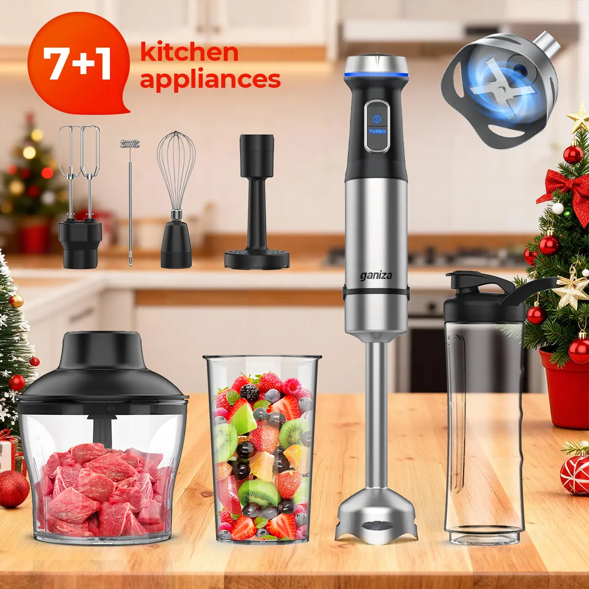 Ganiza 16-Speed Immersion Hand Blender with Stainless Steel Stick Head, Whisk, Milk Frother, Masher, Blending Cup, Chopping Bowl, Recipe Guide - Steel Blade Strength, Milk Foam in Seconds, Ideal Kitchen Gift for Home Cooks, 16‑Speed Control