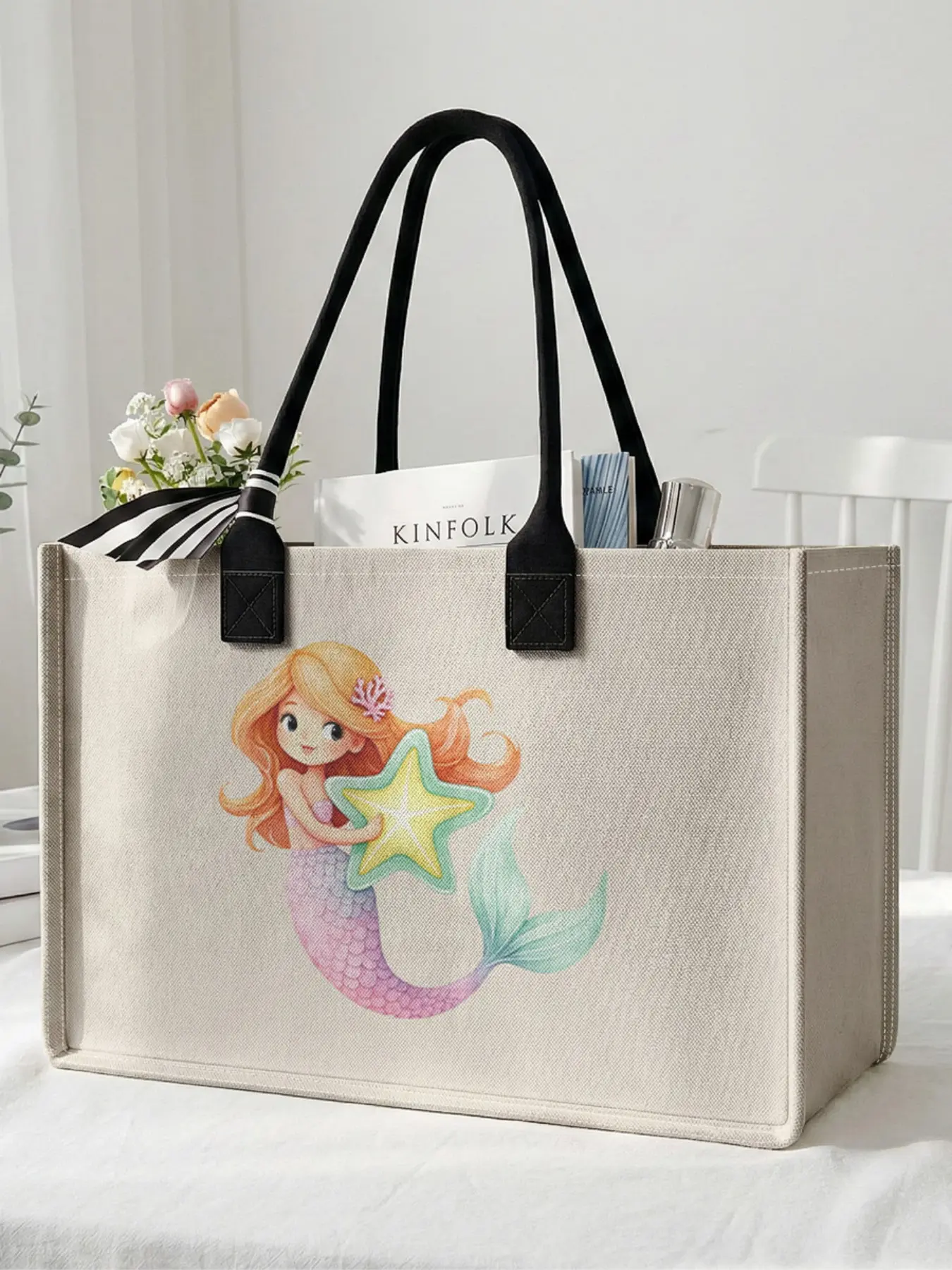 1 piece of Little Mermaid pattern 2D printed large-capacity storage bag, extra-large storage bag, sturdy handle, space-saving multi-purpose, suitable for use at school, on business trips, and shopping
