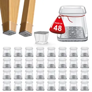 48 pcs Square Chair Leg Protectors for Hardwood & Tile Floors, Clear Silicone Furniture Pads with Felt, Non-Slip Rubber Chair Leg Caps Sliders, L Size (Fit 1"-1.42")