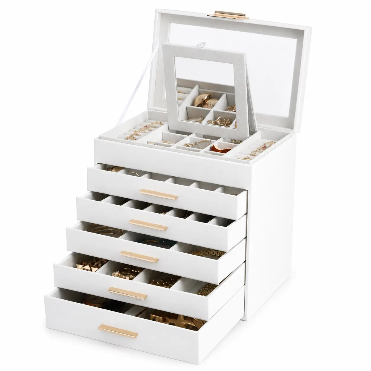 BOOVO Large Capacity 6-Layer Jewelry Box for Women - Large Jewelry Organizer with Glass Lid & Mirror, PU Leather Jewelry Storage Box, Velvet-Lined Holder for Necklaces, Rings & Earrings, Birthday Gift for Mom, Wife & Girlfriend