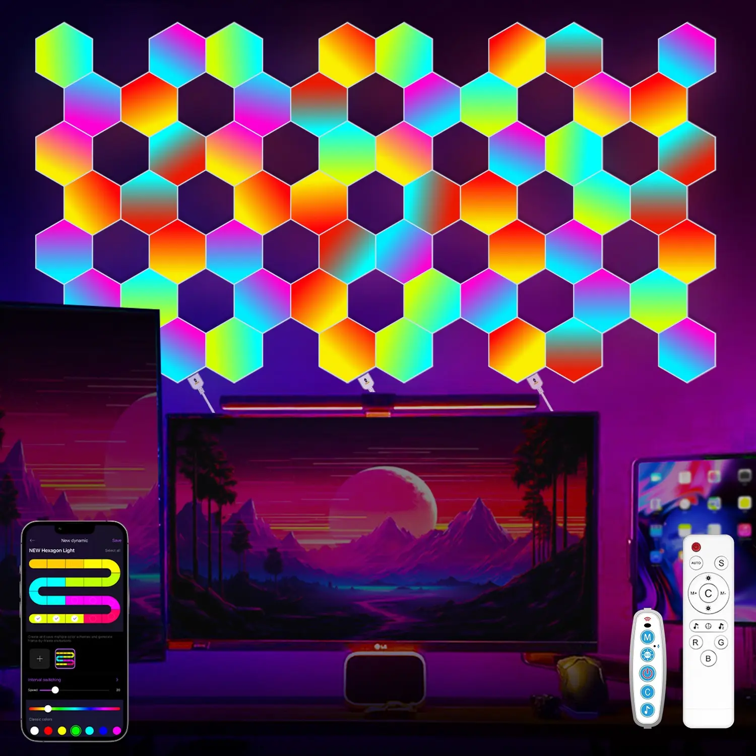 Smart Hexagon Lights LED Night Light RGB Colorful Wall Lights, Decorative Led Light, LED Modular Lights Support Music Sync DIY Gaming Atmosphere Lights Equipped with APP and Remote Control for Game Room, Home and Bedroom Decoration, Holidays