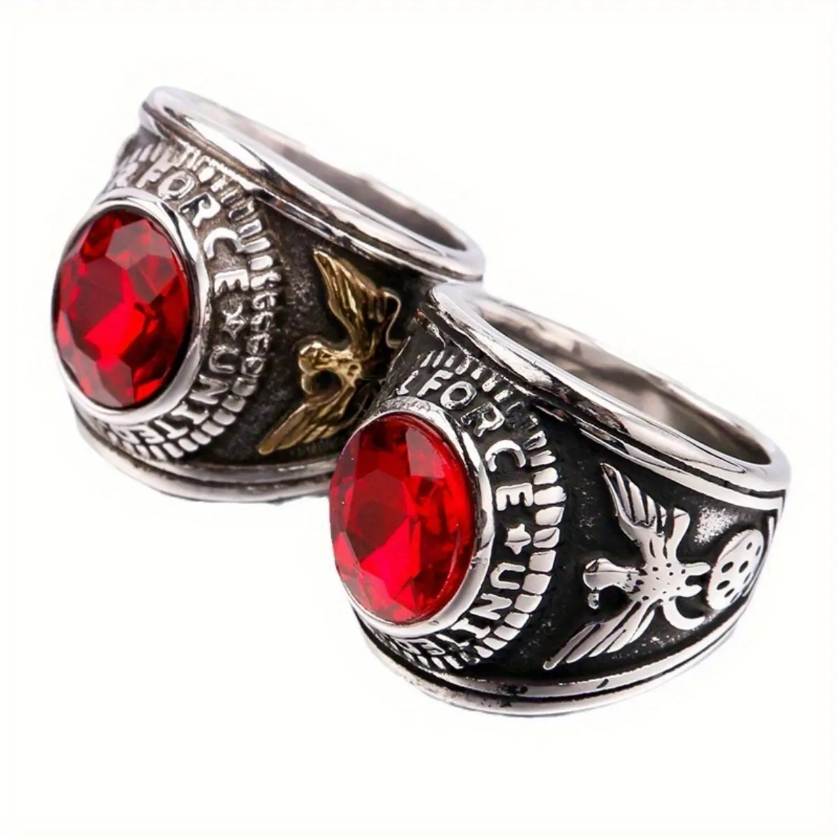 Men's Anti-Rust Steel Ring Jewelry - European & American Hip-Hop Punk Domineering Style, Red Synthetic Zircon Eagle Pattern, Oval Metal Accent Retro Stainless Steel Accessory, Anti-Rust Steel Rings