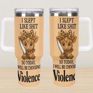 40oz Highland Cow Tumbler, "I Slept Like S*hit, Today I Choose Violence" Cup, Funny "Crabby Morning" Highland Cow Tumbler, Travel Coffee Mug for Poor Sleepers, Double-Wall Cold Cup with Lid and Straw