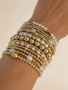 15pcs Set of Stacked Bracelets for Women and Girls, Mixed Bead Shaped Pearl Bracelet, Gold Plated Elastic Bead Ball Set, Daily Gift Jewelry