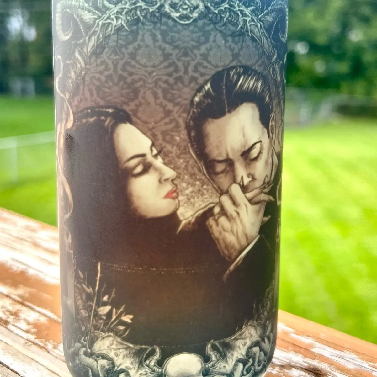 Morticia and Gomez beer can tumbler