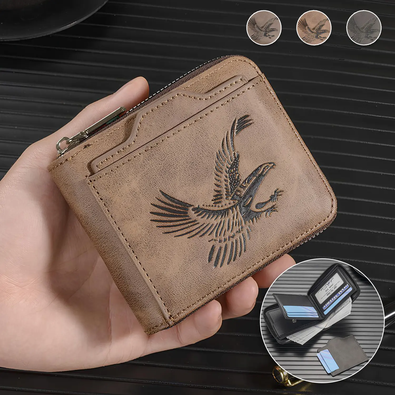 Men's Vintage Embossed Eagle Short Wallet with Multi-Slot Card Holders - Business Casual Accessory for Work & Daily Use, Father's Day Gift for Husband (Cold Wash, Hand Wash Only)
