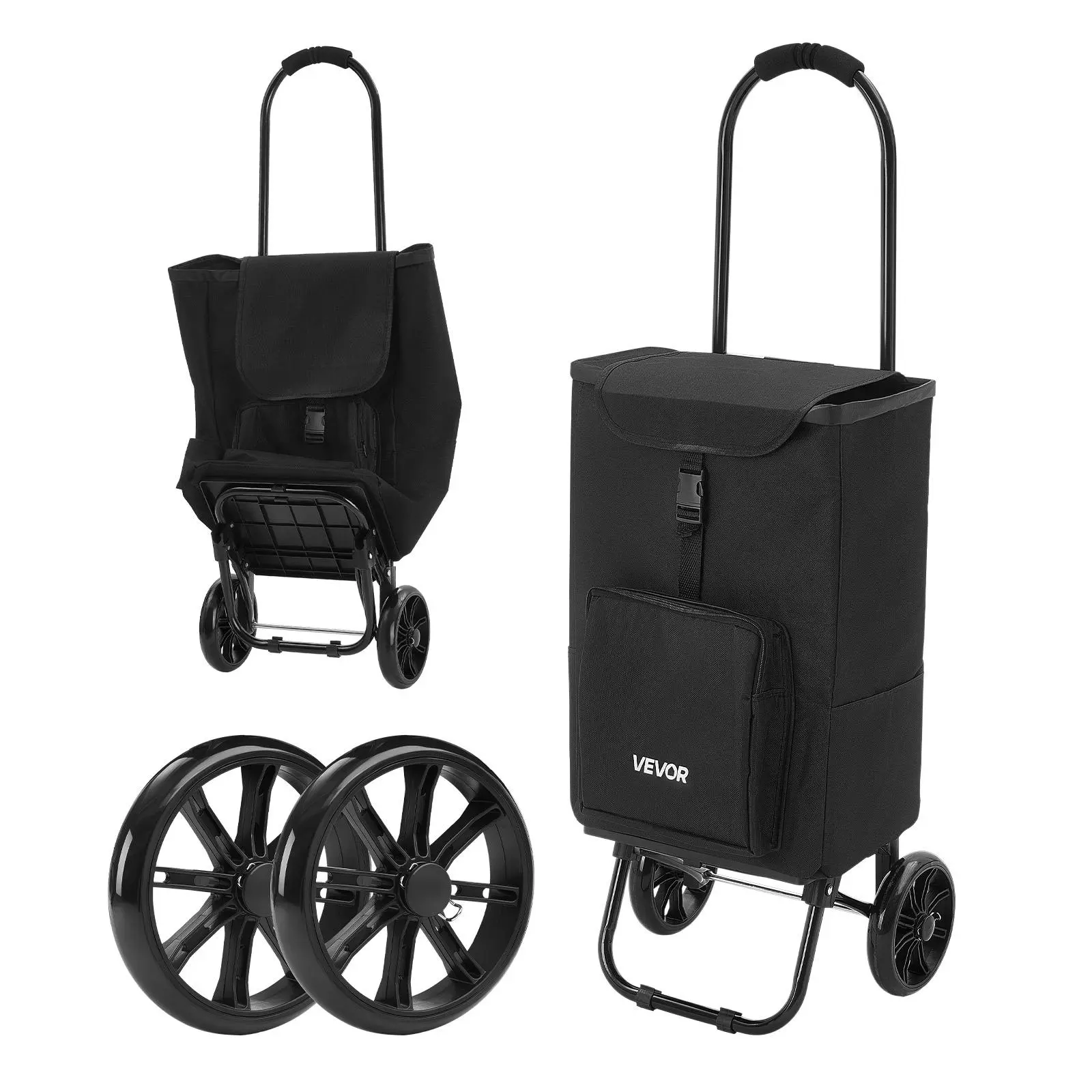 VEVOR Foldable Rolling Cart with Wheels, 2-in-1 Utility Cart for Grocery Hauls, Detachable Fabric Bag, Soft Foam Handle, Storage Compartments, Compact for Market, Laundry