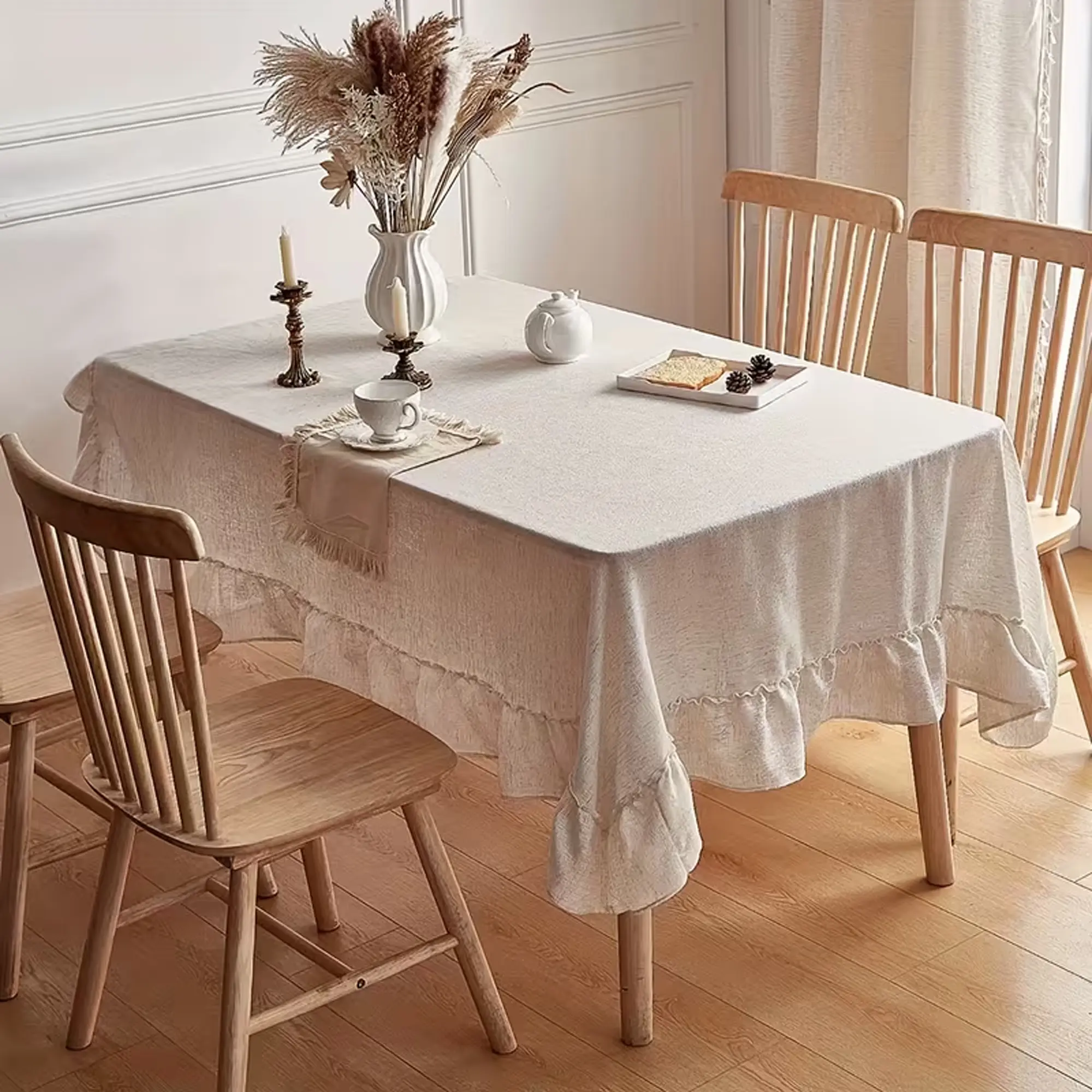1pc Elegant Solid Color Tablecloth with Natural Frill Edge, Layered Ruffled Design, Perfect for Picnic Table Cover, Restaurant Decor, Banquets, Parties, Festive Dinners