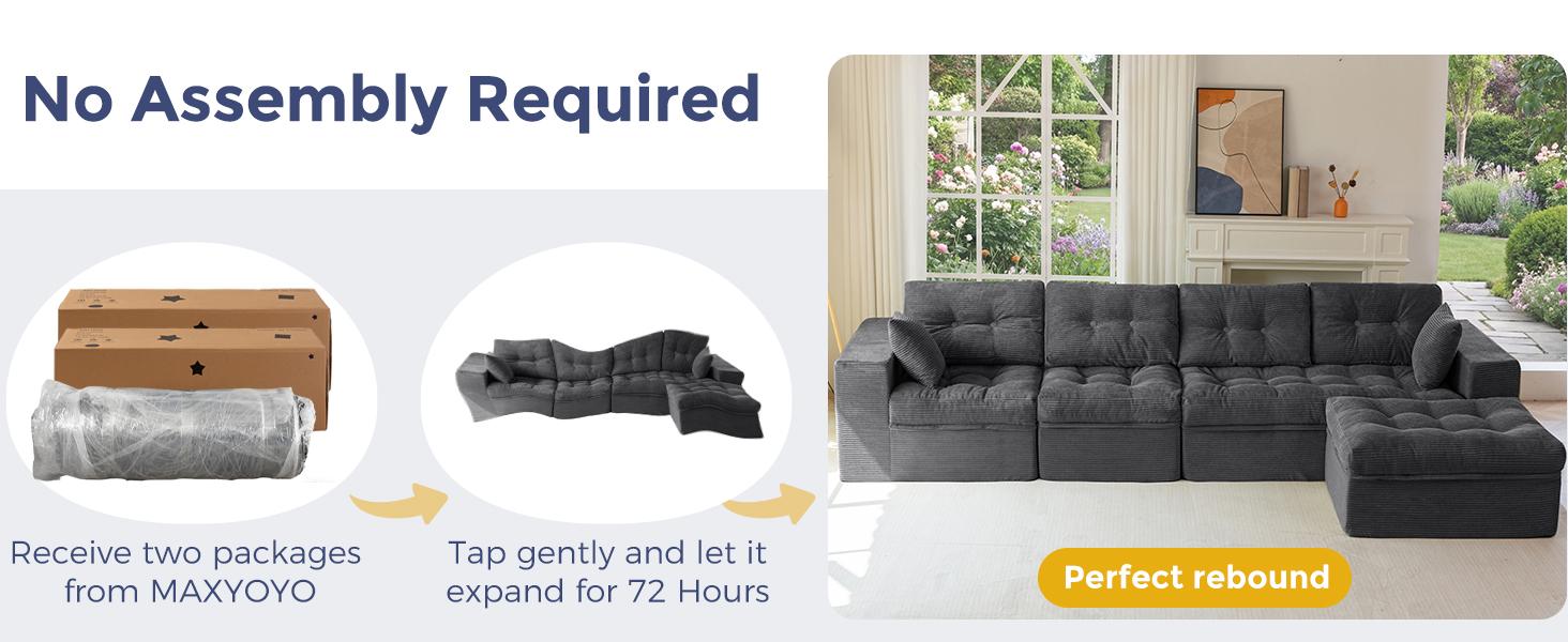 MAXYOYO 132" L Shaped Modular Sectional Sofa with Ottoman, Cloud Boneless Couch with Layered Cushion, Upholstered Sofa in a Box, Flexible Module Combination for Living Room, No Assembly