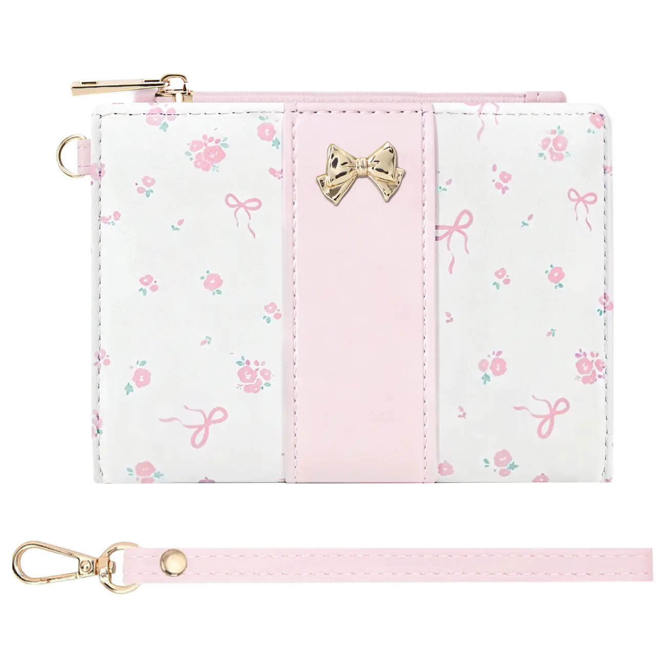 Pink Floral Bow Zipper Wallet for Women Girls Small Card Wallet with Coin Pocket Wristlet