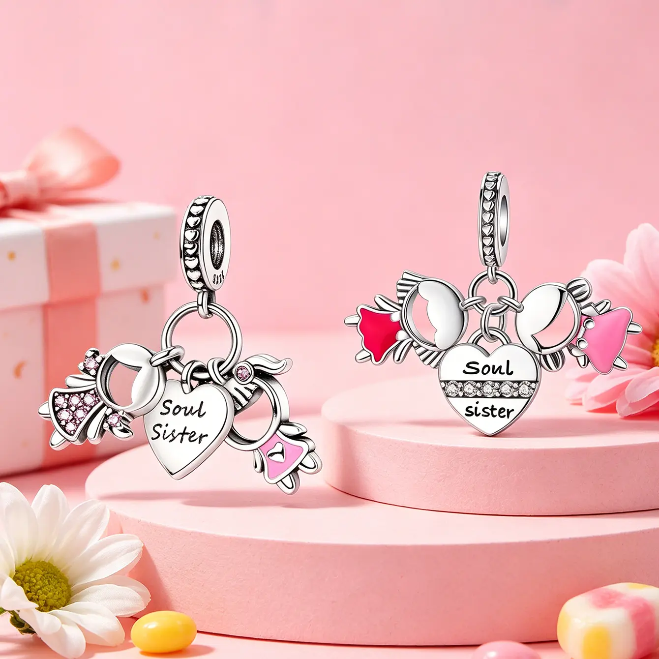 Cute 925 Sterling Silver Soul Sister Dangle Charm, Pink Enamel CZ Engraved Heart, for Best Friend Snake Chain Charm Bracelets, Adults' Casual Women's Jewelry Birthday BFF Gift, Diy Jewelry, Cz Accents, Daily