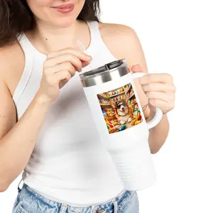 Custom Corgi Pilot Print Insulated Tumbler with Handle, Cute Dog 40oz Travel Mug with Straw Lid, Personalized Pet Themed Reusable Water Bottle for Dog Lovers