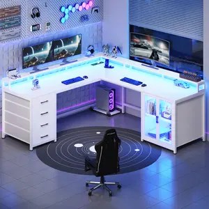 Sedeta 109-Inch L-Shaped Modern Wood-Metal Gaming Desk - Home Office Desk with 4-Drawer Storage Display Cabinet, 2 Monitor Risers, CPU Stand, LED Lights, Power Outlet for Gamers, Desks For Gaming Sedeta 109-Inch L-Shaped Modern Wood-Metal Gaming Desk - Home Office Desk with 4-Drawer Storage Display Cabinet, 2 Monitor Risers, CPU Stand, LED Lights, Power Outlet for Gamers, Desks For Gaming