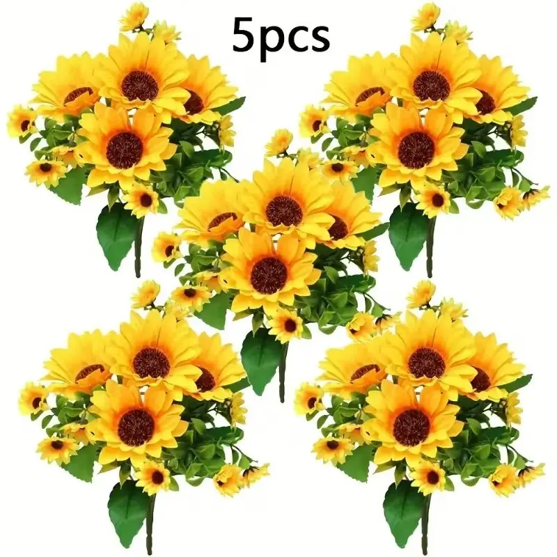 5 Bundles Artificial Sunflower Bouquets, Realistic and Floral Arrangements, Silk Flowers for Weddings, Parties, Home Decor, Decorative Flowers, Artificial Flower Decoration