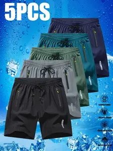 Men’s casual athletic shorts, 5-pack, featuring side pockets, an elastic waistband, and lightweight stretch fabric; suitable for running and everyday wear; compression shorts with a comfortable fit.