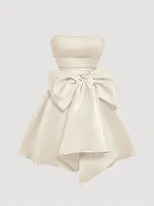 Beige Graduation Dress Strapless Mini Party Dress with Bow & Zipper High Waist Slim Fit Summer Plain Woven Polyester Asymmetrical Hem