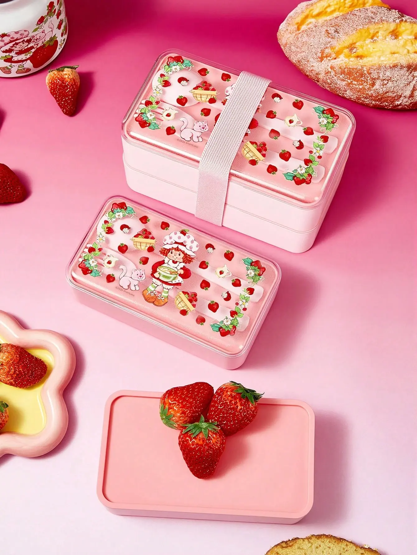 Strawberry Shortcake Double-Deck Lunch Box with Fork and Spoon, Compartmented Divided Portable On-the-Go Lunch Container, Ideal for Picnics & School Trips, Kitchen Cutlery Tableware Accessory, Compartmented Lunch Boxes, Divided Lunch Boxes