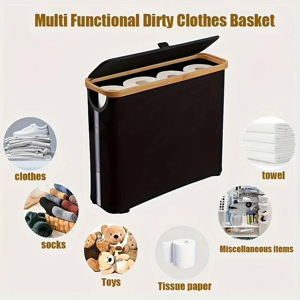 Large-capacity foldable Collapsible toilet paper holder with lid - a space-saving bathroom storage box with a durable composite wood frame and gray fabric surface, a modern home storage solution and toilet paper storage container, Bathroom Organization