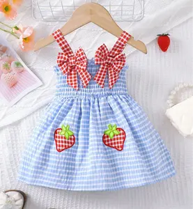 Ready Stock 1-18M Baby Girls Straps Summer Dress Strawberry Plaid Sleeveless Bow Dress One Piece Sundress Blue 22412121