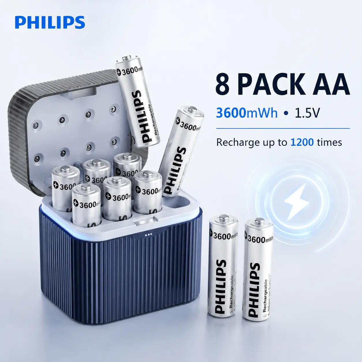 PHILIPS Rechargeable AA Lithium Batteries 8 Pack, 1.5V 3600mWh High-Performance Li-ion Double A Batteries with Charging Storage Case, Up to 1200 Cycles for Game Controllers, Remotes & Home Electronics