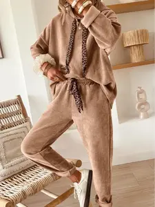 Rose Tan Lace Drawstring Pullover Hoodie and High Waist Pants Corduroy Suit
