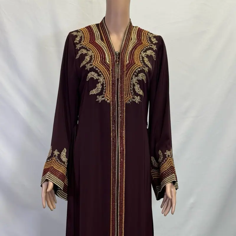 Burgundy Abaya with Rhinestones and Embroidery Design - Elegant Long Sleeve Traditional Dress