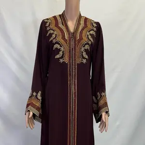 Burgundy Abaya with Rhinestones and Embroidery Design - Elegant Long Sleeve Traditional Dress