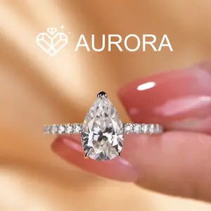 【#60 Ocean】Pear shape Full  Moissanite main stone and side stone rings  with 925 Sterling Silver Synthetic Moissanite