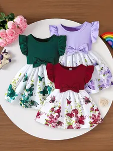 Three-Piece Baby Girl Casual Dresses, Cute Bow Colorful Floral Pattern, Comfortable Fashion Dress for Home, Outdoors, Party, Gift, Butterfly Dress, Floral Print Dress