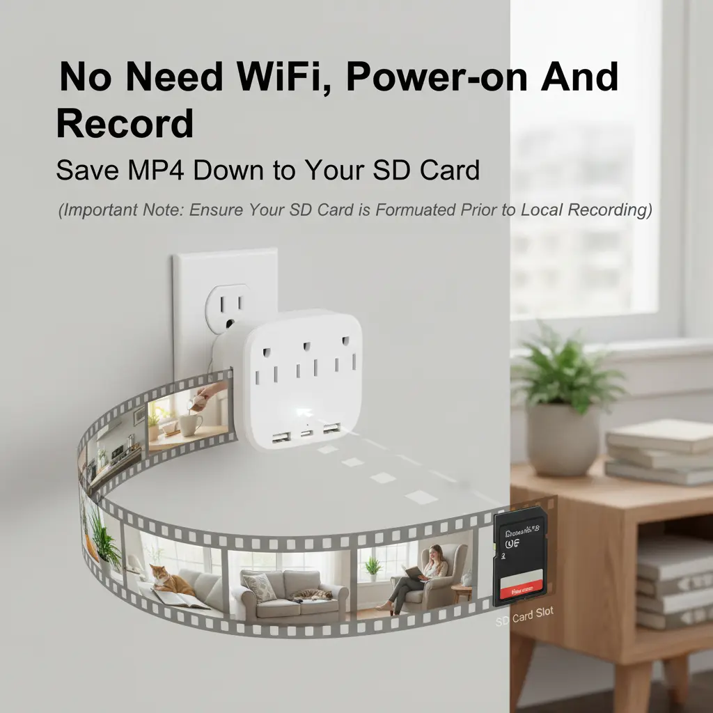 Multifunctional Socket, 4K UHD WiFi, Local Storage, APP Remote View, Charge & Record Simultaneously, Motion Detection Alarm