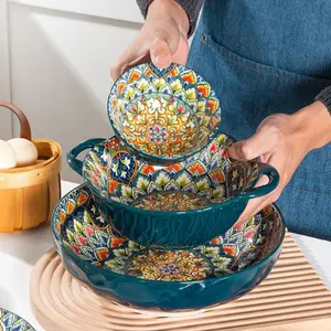 Boho Style Ceramic Bowl Set, 4 Counts/set Creative Floral Pattern Bowl & Plate, Household Tableware for Home Kitchen Dining Room, Ceramic Dish Set, Ceramic Dinnerware Set